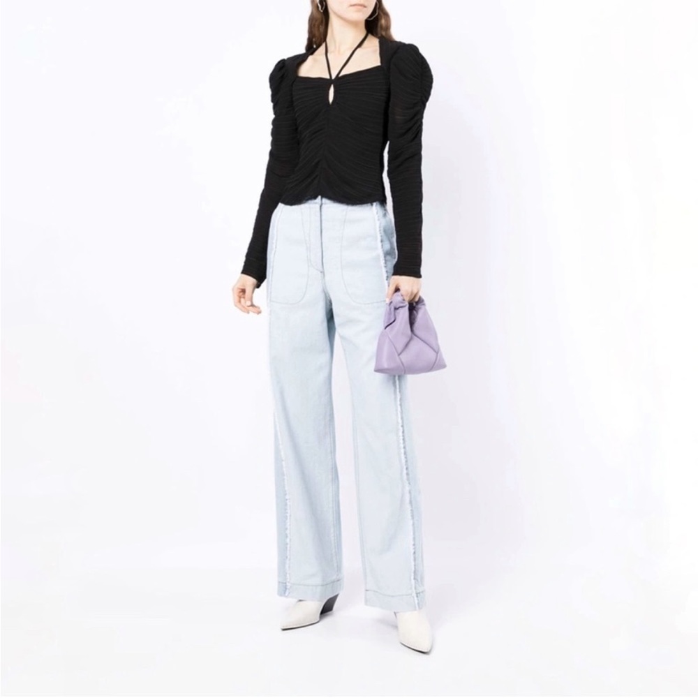 NWT Frame Denim Gathered Ruched Keyhole Tie Neck Puff Long Sleeve Top Size Small